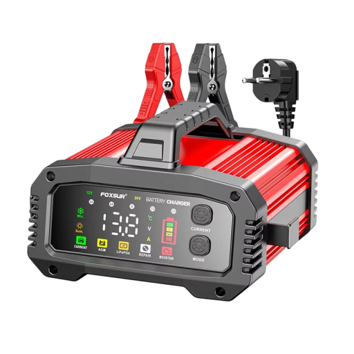 Batterioplader FOXSUR FPT 250 12 V 25 A og 24 V 15 A pulserende til AGM og LiFePO4 batterier rød-sort til biler motorcykler og campingvogne