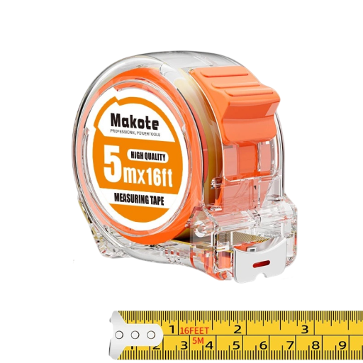 Bau-Messband mit kompaktem Gehäuse 5 m / 19 mm transparentes Kunststoff orange für Messungen in der Werkstatt und zu Hause