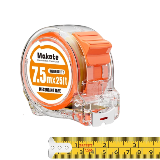Baumessband mit kompaktem Gehäuse 7,5 m / 25 mm transparentes Kunststoff orange für Messungen in der Werkstatt und zu Hause