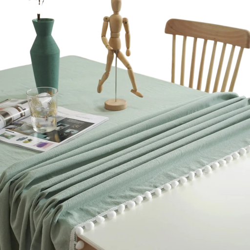 Baumwolltischdecke mit Kugelquasten 140 × 260 cm Waschbare genähte Tischdecke für den Esstisch für Hochzeitsfeiern, Partys, Bankette, Dekoration