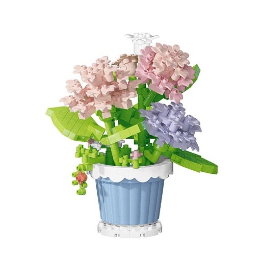 Bausatz Blume rosa und lila Hortensie im blauen Blumentopf 10 × 8,7 cm Dekoration aus Kunststoffsteinen