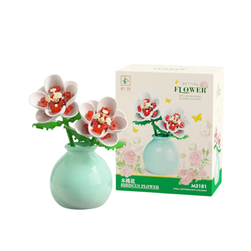Bausatz Blume Roter Hibiskus in Grüner Vase Elegante Dekoration aus Kunststoff-Bausteinen Moderne Blumenverzierung