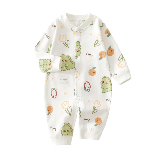 Bavlnet overalls til nyfødte med lange ærmer og O-udskæring Hvid unisex overall med tegneseriemotiver og knaplukning