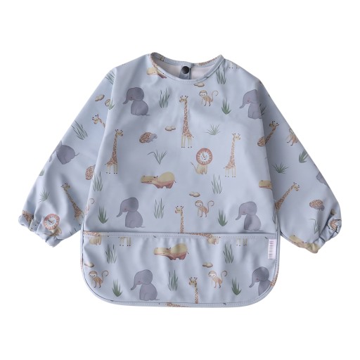 Bavoir imperméable pour enfants avec manches longues et animaux de zoo, tablier pour tout-petits avec poche et bouton-pression au cou
