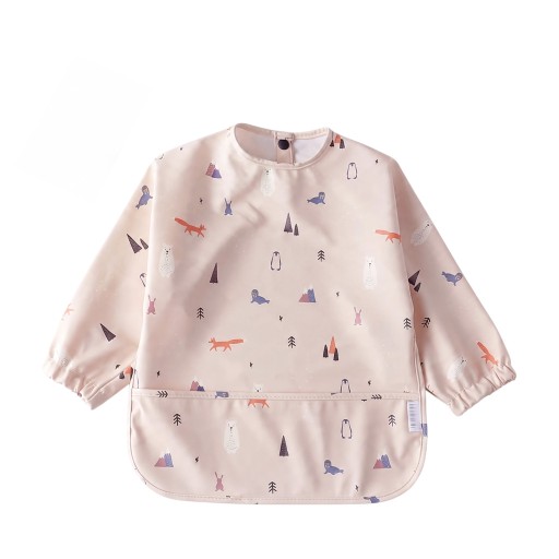 Bavoir imperméable pour enfants avec manches longues et animaux polaires, bavoir beige pour tout-petits avec poche et bouton-pression au cou