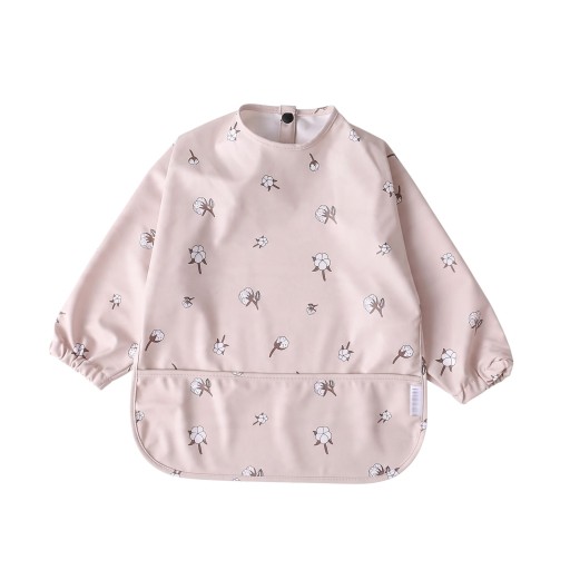 Bavoir imperméable pour enfants avec manches longues et impression en coton rose clair pour les tout-petits avec poche et bouton-pression