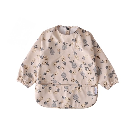 Bavoir imperméable pour enfants avec manches longues et imprimé d'ananas, bavoir beige pour tout-petits avec poche et bouton-pression au cou