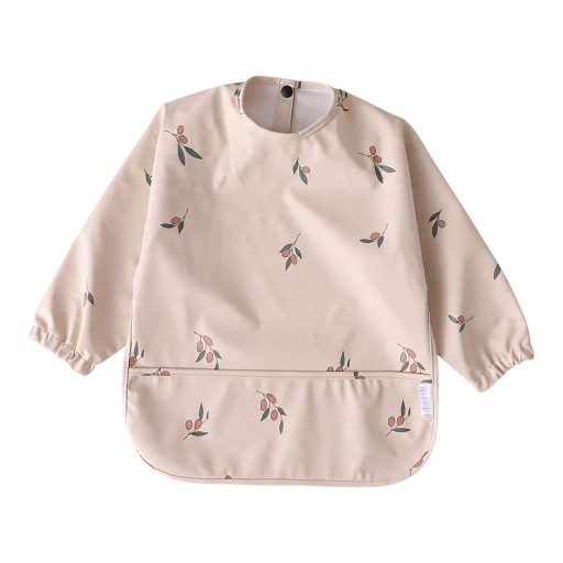 Bavoir imperméable pour enfants avec manches longues et imprimé de branches d'olivier, bavoir beige pour tout-petits avec poche