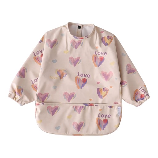 Bavoir imperméable pour enfants avec manches longues et imprimé de cœurs, bavoir beige pour tout-petits avec poche et bouton-pression au cou