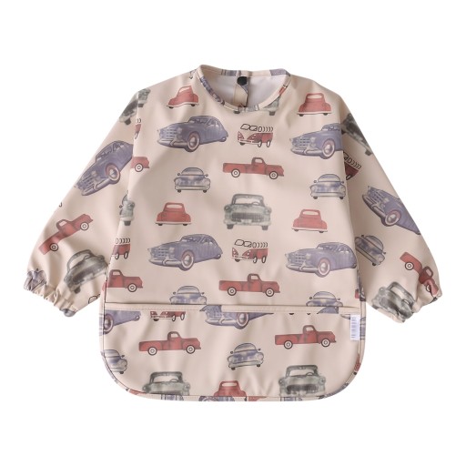 Bavoir imperméable pour enfants avec manches longues et imprimé de voitures rétro, bavoir beige pour tout-petits avec poche