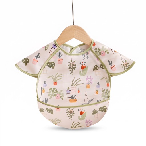 Bavoir pour enfants avec poche 30 x 25 cm Clair avec des plantes d'intérieur et des cactus Manchons sur les épaules Bordure sauge et poche à miettes