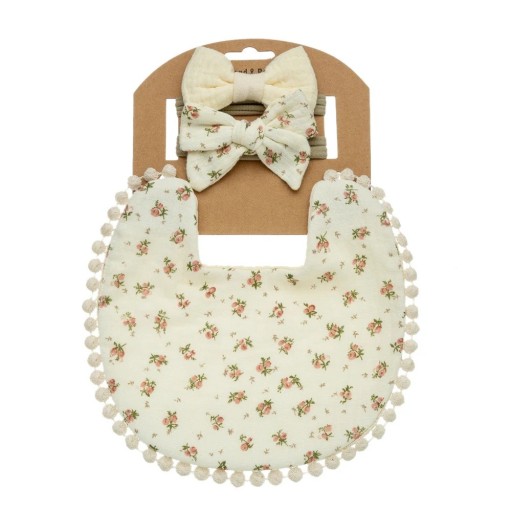 Beige Bib with Flowers and Two Bow Hairbands for Toddlers Set of 3 Beige Reverse Size 17.5 x 17 cm Ball Trim Around the Edge