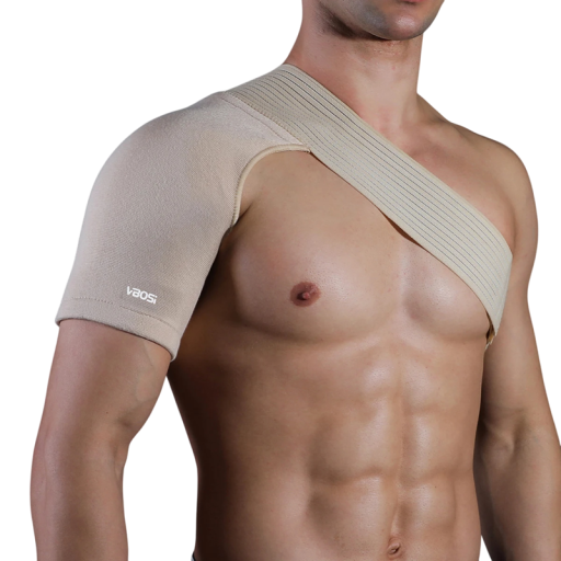 Beige elastisk axel- och övre ryggstöd Andningsbart stöd med justerbara remmar Lämplig för både vänster och höger axel vid smärta och skada