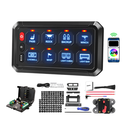 Berøringsfølsom betjeningspanel til bil med 8 knapper og app-styring RGB baggrundsbelysning 12V-24V 60A med relæboks til offroad og båd