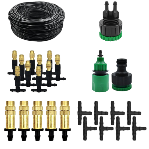 Bewässerungsset 30m mit Messingdüsen 2-Wege-Adapter und T-Stücken für Gärten Gewächshäuser Terrassen Beregnung Kühlung