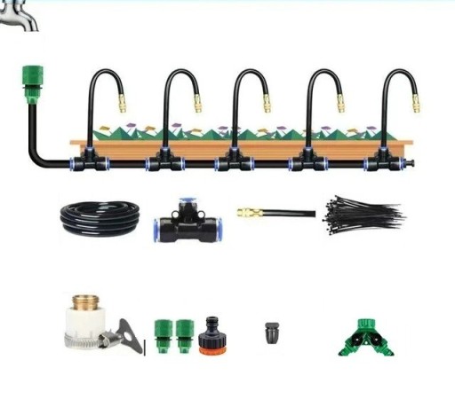 Bewässerungsset mit PE-Schlauch 9/12 mm 20 m, 20 Düsen, 20 T-Verbindern, Y-Verteiler für den Wasserhahn und universellem Anschluss für den Garten