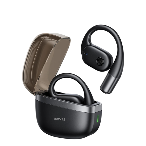 Bezdrátová sluchátka OWS s háčkem Bluetooth 5.4 dva 14,2 mm měniče baterie 300 mAh materiál ABS černá pro sport i poslech hudby