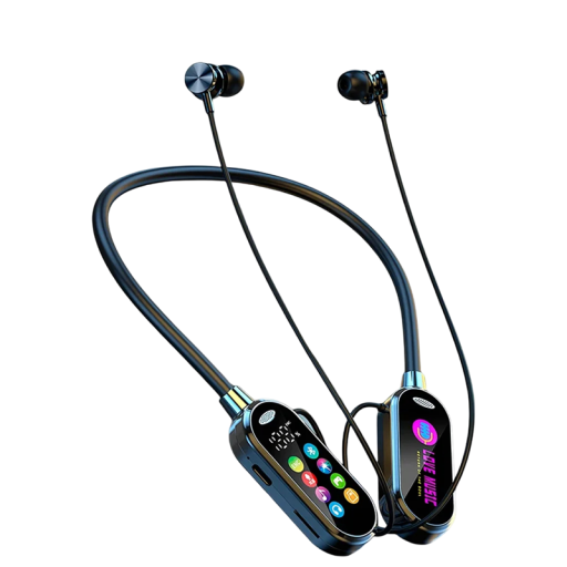 Bezdrátová sluchátka s nákrčníkem a LED displejem Bluetooth 5.4 nabíjení USB-C podpora TF karty voděodolná černá pro sport a hudbu