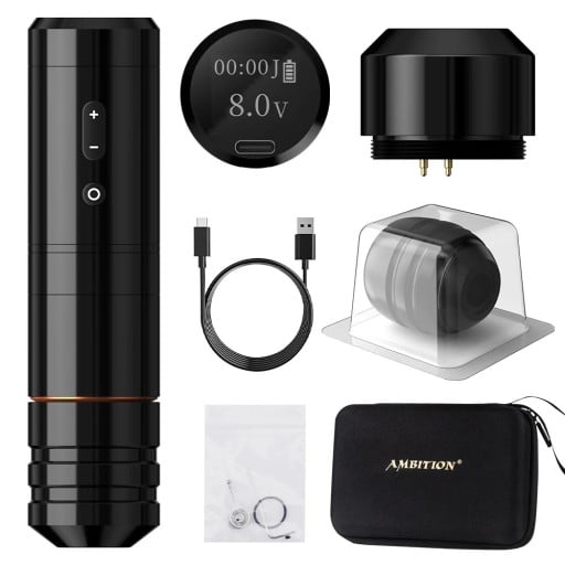 Bezdrátové tetovací pero Ambition Ninja Nova černé s jednou baterií bezkartáčový motor zdvih 4,0 mm 2000 mAh a LED displejem