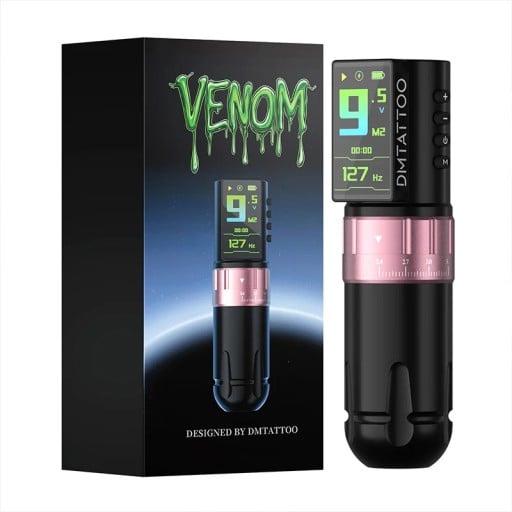 Bezdrátové tetovací pero DM Venom černé s růžovým kroužkem nastavitelný zdvih 2,4-4,2 mm 2300 mAh barevný displej pro tetování