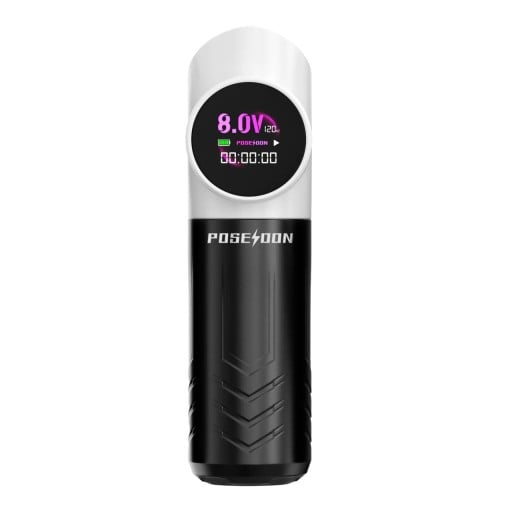 Bezdrátové tetovací pero Poseidon HM165 bílo-černé zdvih 4,2 mm 1500 mAh výstup 4-12 V a barevný HD displej pro tetování obrysů