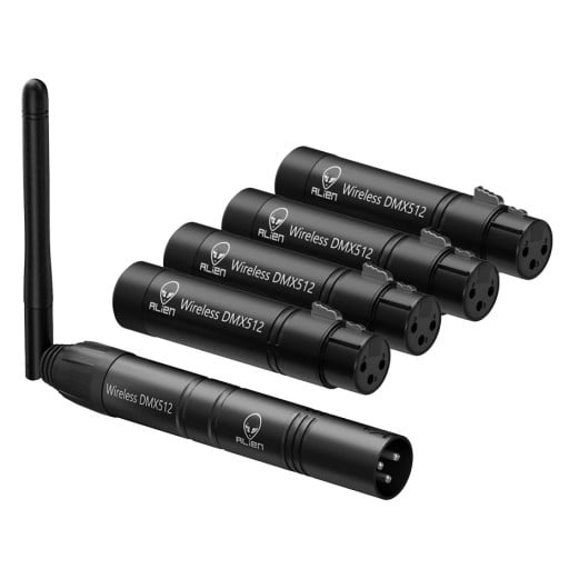 Bezdrátový DMX 512 ovladač XLR vysílač a 4 přijímače 126 kanálů 7 skupin s ID kódem napájení DC 5 V černý na diskotéku a pódium