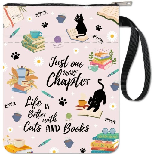 Béžové textilní zipové pouzdro 28 x 22 cm voděodolný organizér s kapsou a poutkem kočky knihy motiv