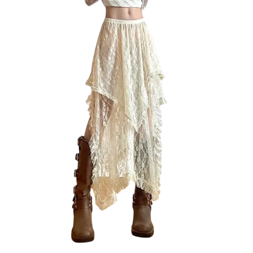 Beżowa długa spódnica boho z asymetryczną koronką o wysokim stanie Elegancka spódnica w stylu vintage dla kobiet Lato Casual Romantyczna moda