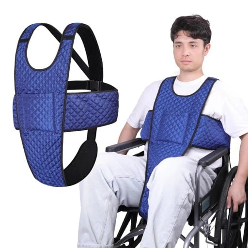 Bezpečnostní pás pro invalidní vozík s kapsou proti pádu nastavitelné popruhy a přezky délka až 200 cm výška až 258 cm modrý pro seniory