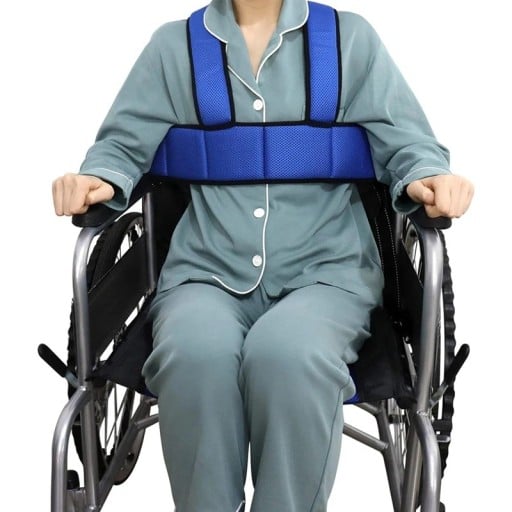 Bezpečnostní pás pro invalidní vozík vesta na podporu trupu proti pádu spodní popruh až 170 cm ramenní až 110 cm prodyšná síťovina modrý