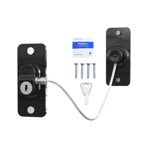 Bezpečnostní zámek s ocelovým lankem 17,3 cm kovový zámek na dveře a okna proti otevření dětská pojistka s klíčem