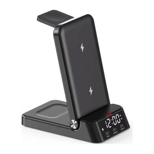Bezprzewodowa stacja ładująca 3 w 1 z budzikiem 15 W Składany stojak dla iPhone Apple Watch i AirPods LED zegar Czarny Na nocny stół