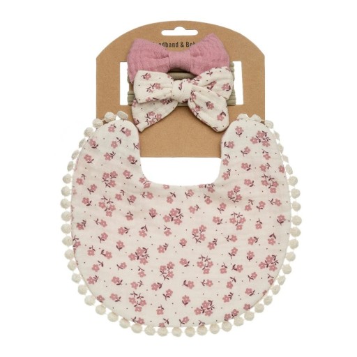Bib with Small Pink Flowers and Two Hairbands with Bows for Toddlers Set of 3 White Front and Pink Back Size 17.5 x 17 cm Pom-Pom Trim