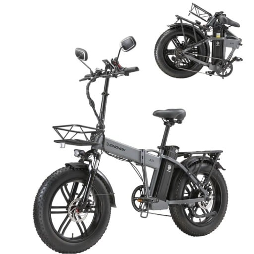 Bicicleta eléctrica plegable A20 con neumáticos gruesos 20" × 4,0, motor de 1000 W, batería extraíble de 48V 18Ah, autonomía de 100 km, 7 velocidades, negra