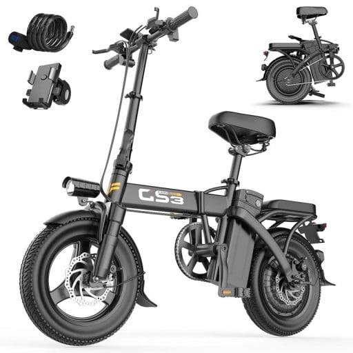 Bicicletta elettrica pieghevole TOOFLY GS3, motore 250W, batteria 48V 15Ah, autonomia 30 km, copertoni 14×2.125, 3 modalità di guida, freni a disco, display LED