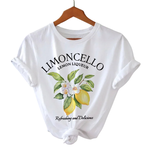Biele dámske tričko s potlačou citrónu Limoncello Krátky rukáv Otočené lemy Oversize strih Ležérny letný top s ovocným motívom