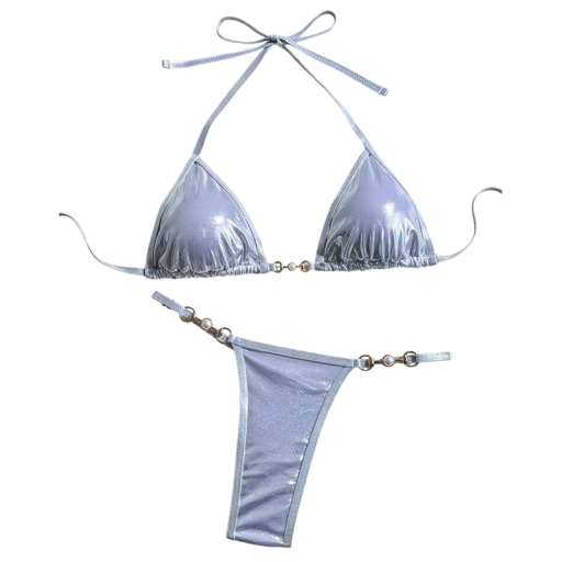 Bikini brillant pour femmes avec haut triangulaire et attaches en perles Sexy coupe tanga et lien à nouer Idéal pour la plage et les séances photo