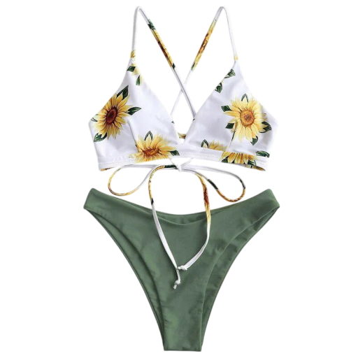 Bikini deux pièces pour femmes avec motif floral Soutien-gorge triangle avec croisement dans le dos Taille haute Maillots de bain d'été