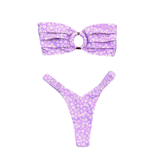 Bikini mov cu flori cu cravată circulară și detalii cu volane Set de costum de baie din două piese romantic, fără bretele, pentru plajă
