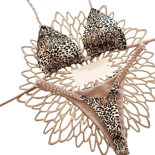 Bikini pentru femei din două piese cu model leopard sutien triunghi și chiloți șiruri tricotate costume de baie sexy pentru vară și plajă