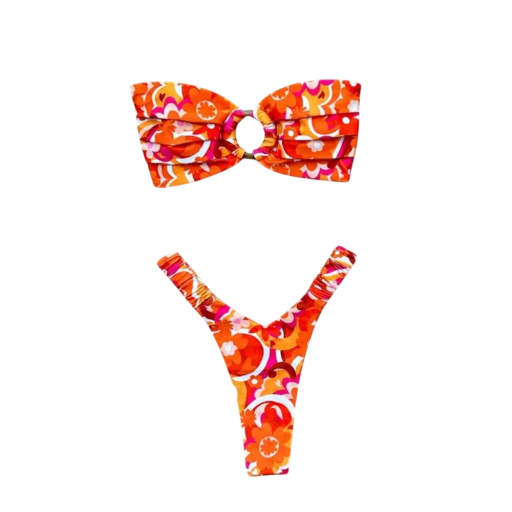 Bikini portocaliu-roz cu model floral retro și îmbinare circulară Costum de baie din două piese fără bretele Set de plajă sexy de vară