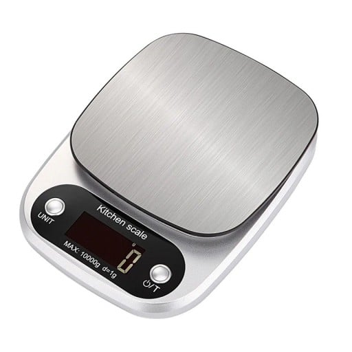 Bilancia da cucina digitale 10 kg Piastra di pesatura in acciaio inossidabile Display LCD Conversione delle unità Alimentazione 2× AAA