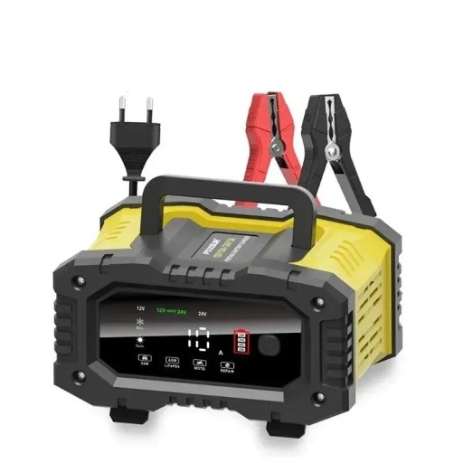 Bilbatterioplader 12 V / 24 V 10 A Intelligent automatisk oplader med LCD-display til bly, AGM, GEL og LiFePO4 batterier EU stik