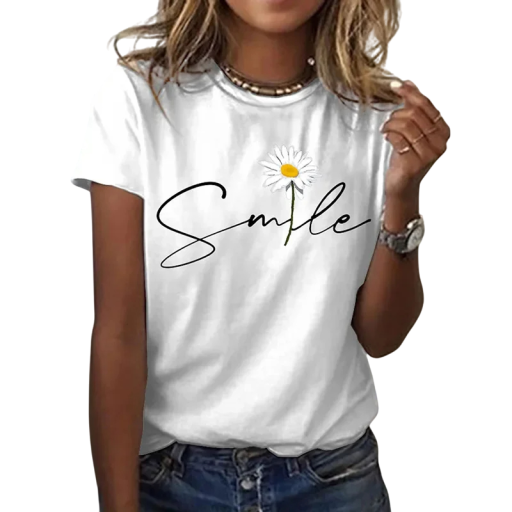 Bílé dámské tričko s krátkým rukávem Potisk nápisu Smile s květinou Kopretina Optimistický design Letní pohodlná móda Pro volný čas