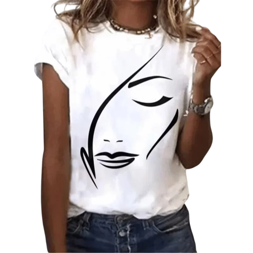 Bílé dámské tričko s krátkým rukávem Umělecký minimalistický potisk ženské tváře Stylová móda Ležérní outfit Měkký materiál
