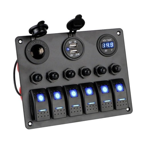 Bilkontrolpanel med 6 vippeafbrydere + USB-stik til cigarettænder og voltmeter 12-24V vandtæt ABS sort til båd og campingvogn