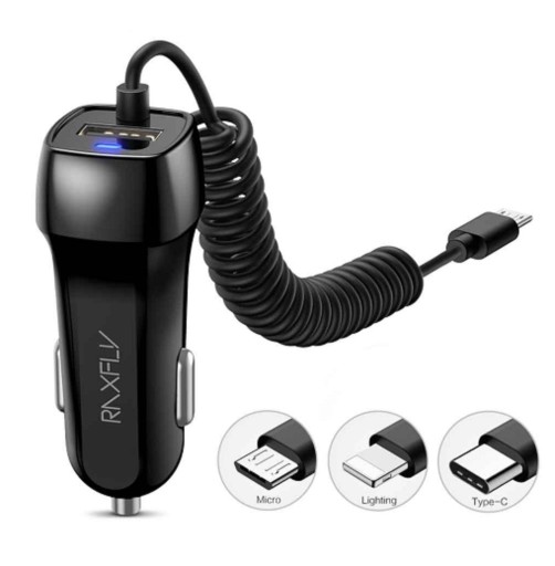 Biloplader med USB-C-kabel, Micro USB, iPhone