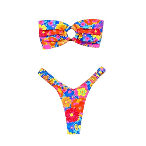 Biquínis coloridos com padrão floral e ligação circular Biquínis de dois peças sem alças Conjunto de verão franzido para a praia e férias