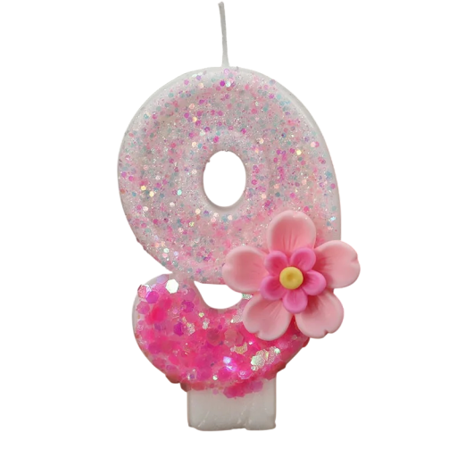 Birthday Cake Candle Number 9 Pink Glitter Candle with Floral Decoration Birthday Cake Party Candle