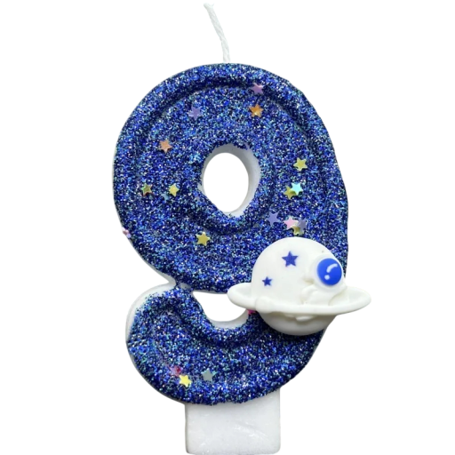 Birthday Candle Number 9 with Shimmering Blue Surface and Planet Motif Blue Birthday Candle with Stars Decoration for Birthday Cake